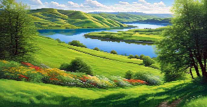 A peaceful valley with green hills, a bright sky, and a reflective river with blooming wildflowers.