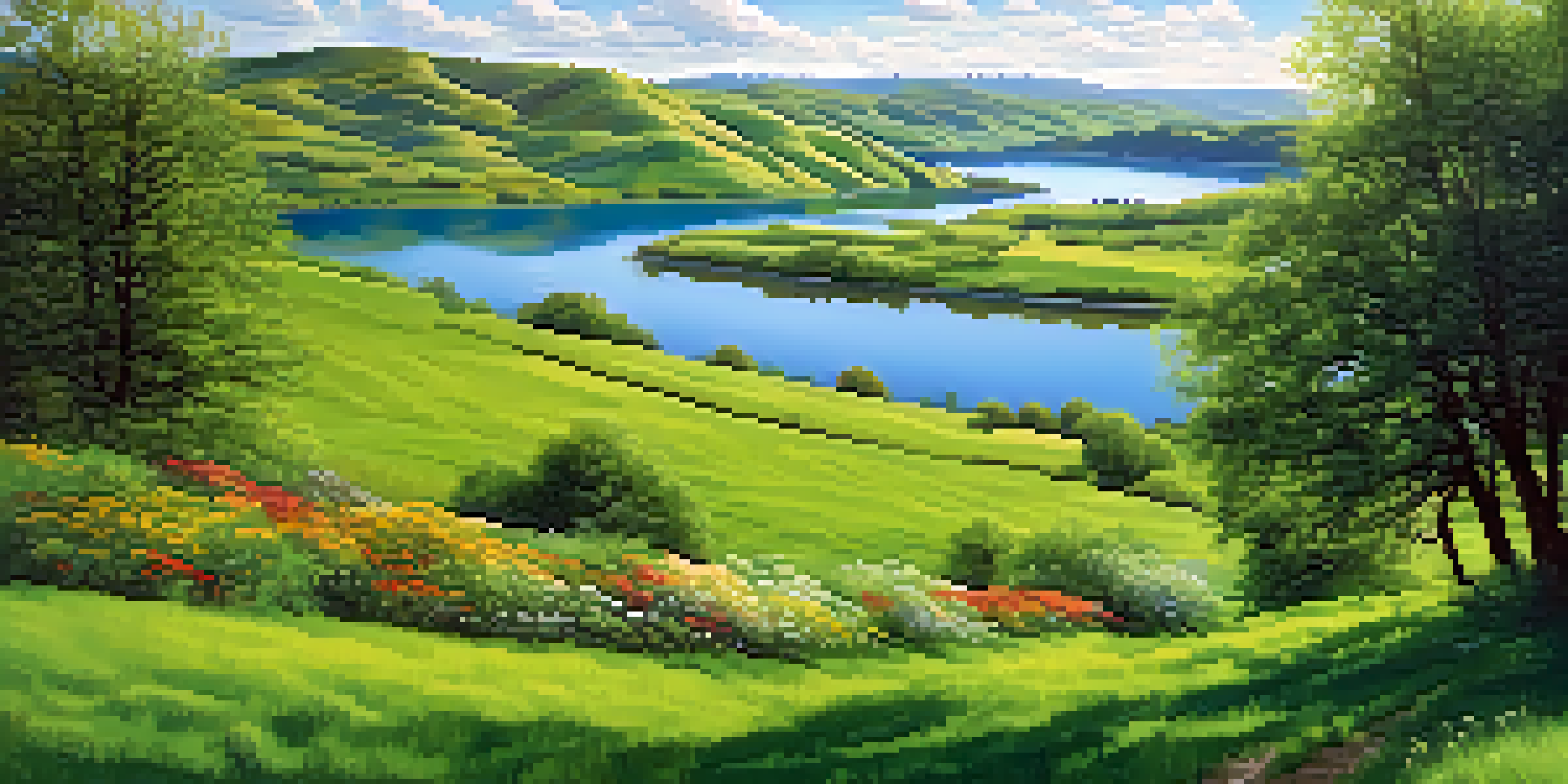 A peaceful valley with green hills, a bright sky, and a reflective river with blooming wildflowers.