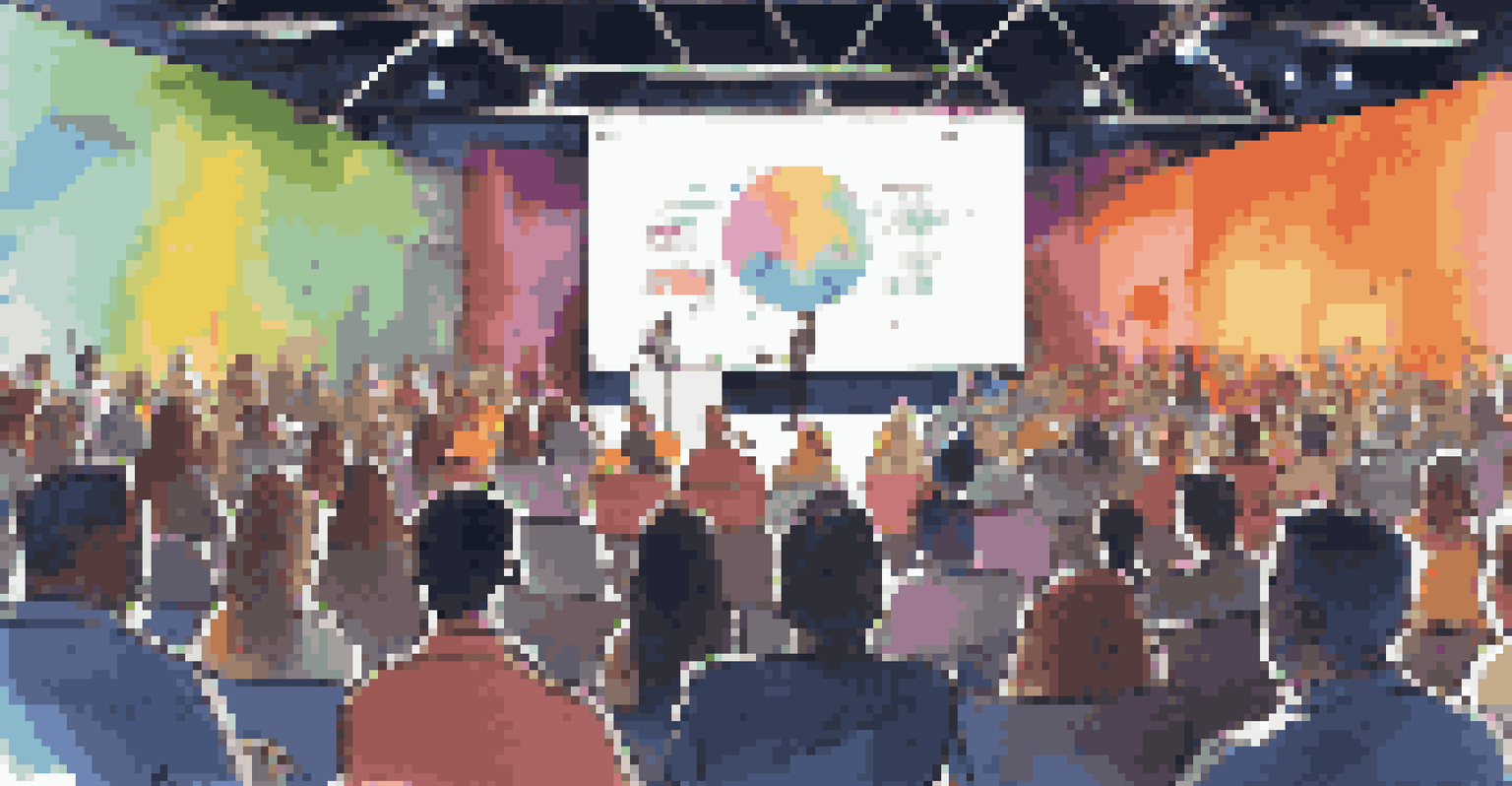 A vibrant startup pitch event with entrepreneurs presenting to an engaged audience under colorful stage lights.