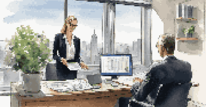 A financial advisor in a modern office, interacting with a client over a laptop, with a city skyline view in the background.