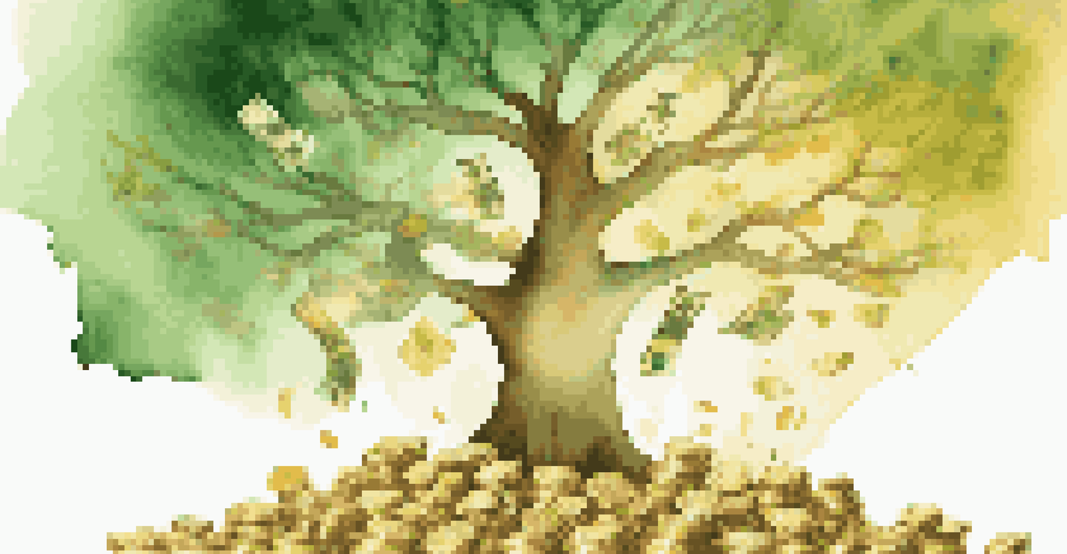 An abstract tree with dollar bills as leaves, surrounded by coins, representing financial growth.