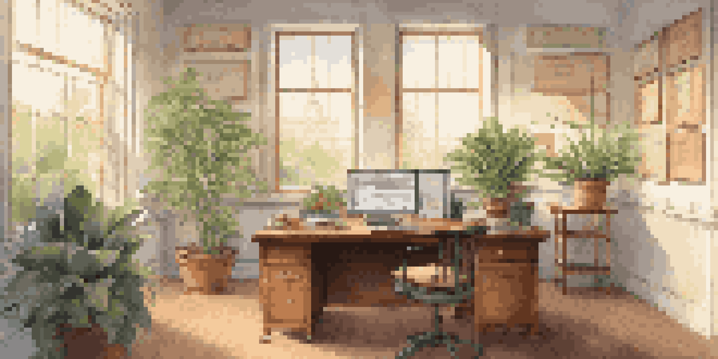 A bright office workspace featuring a wooden desk with a laptop and financial graphs, surrounded by framed certificates and a potted plant, bathed in natural light.