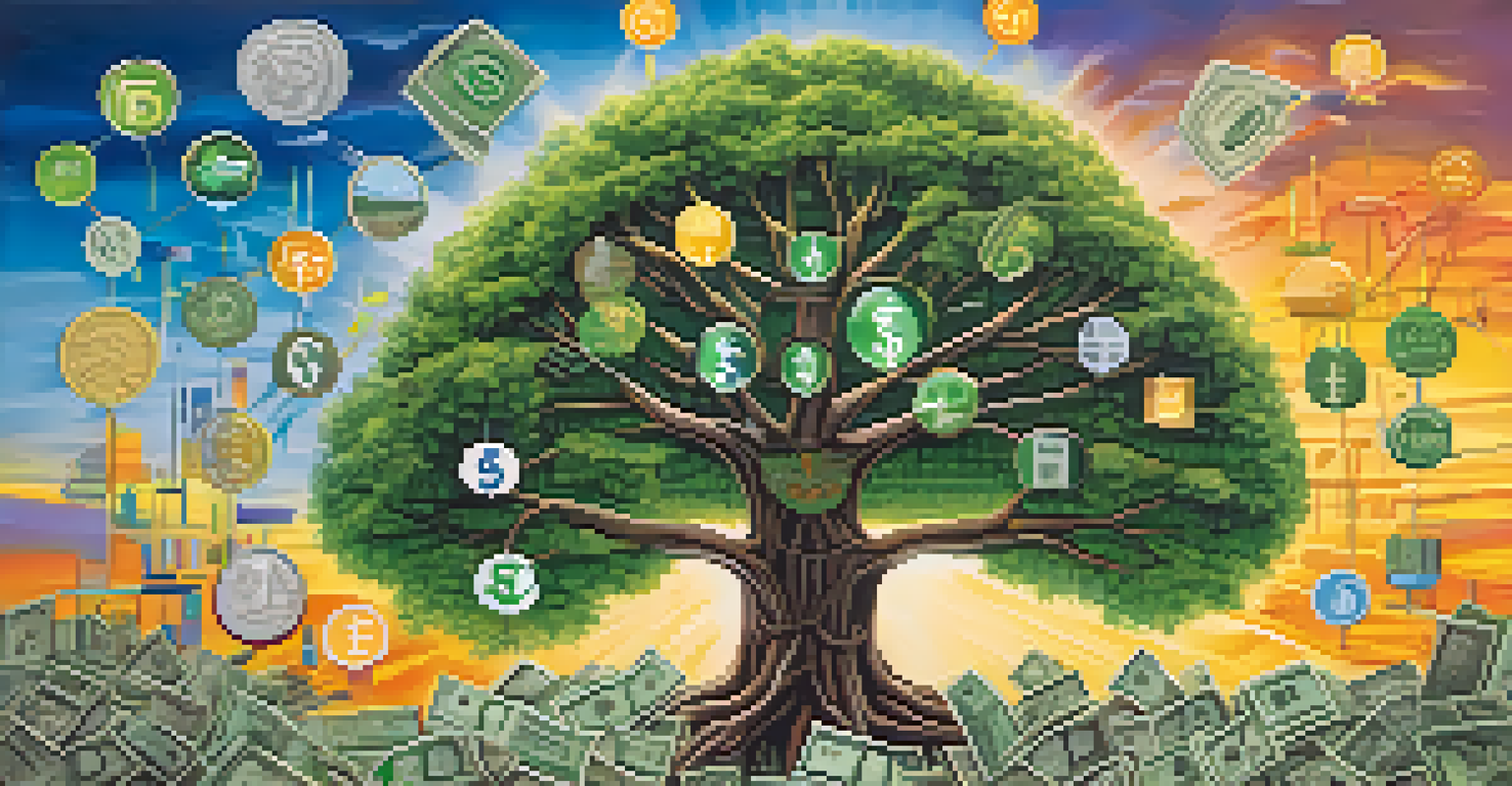 A tree made of financial symbols and eco-friendly icons against a sunrise background, representing ethical investment strategies.