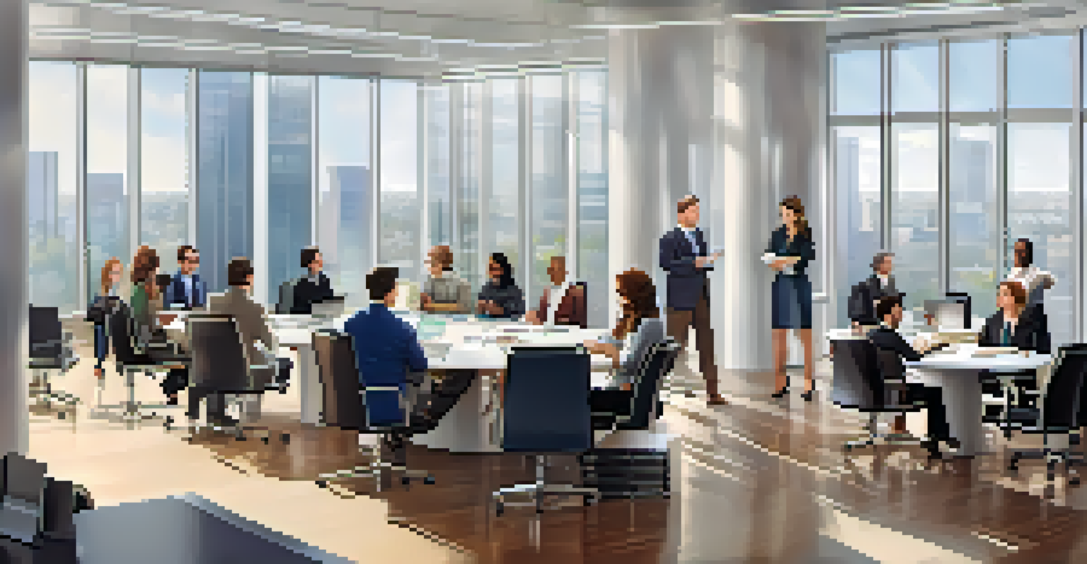 A group of diverse professionals discussing around a conference table in a modern office with laptops and a screen displaying market trends.