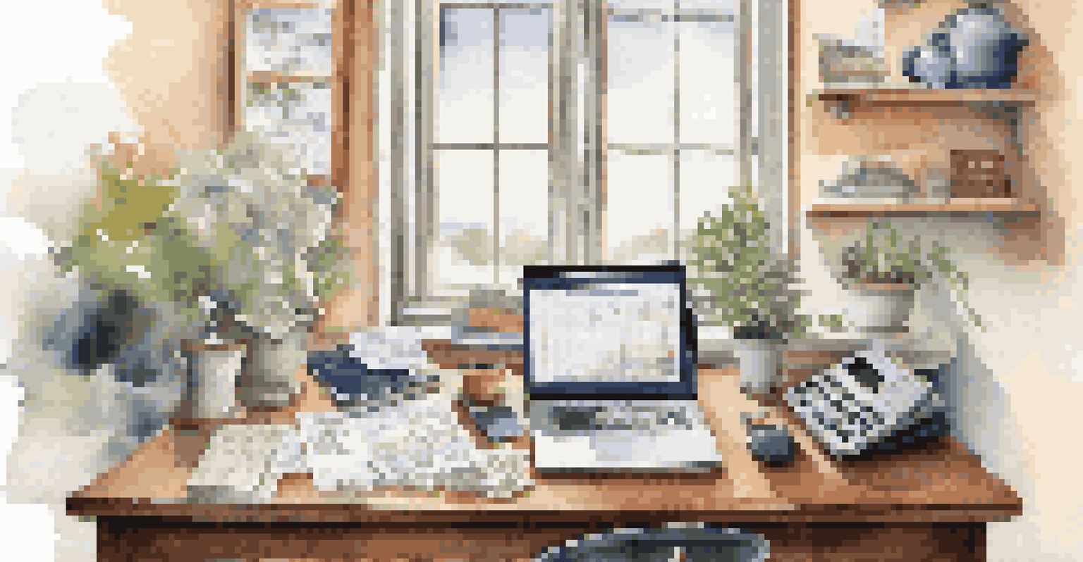 A workspace with a laptop, financial documents, and a vision board near a window, symbolizing financial planning for early retirement.