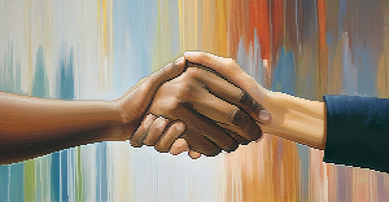 Close-up of diverse hands joining together, symbolizing teamwork and trust, with a soft blurred background and warm lighting.