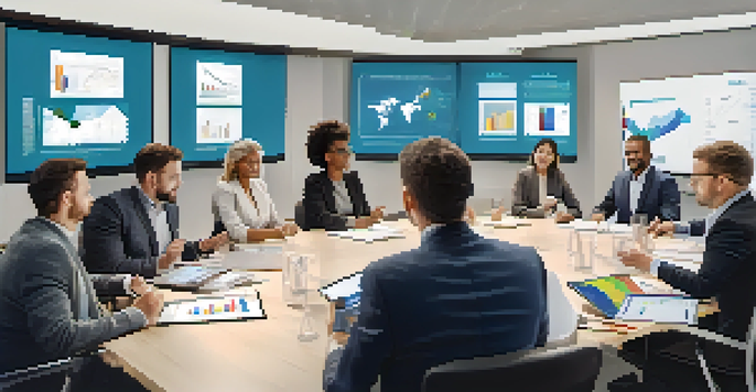 A diverse group of professionals in a bright conference room collaborating during a meeting, with charts on a digital screen.