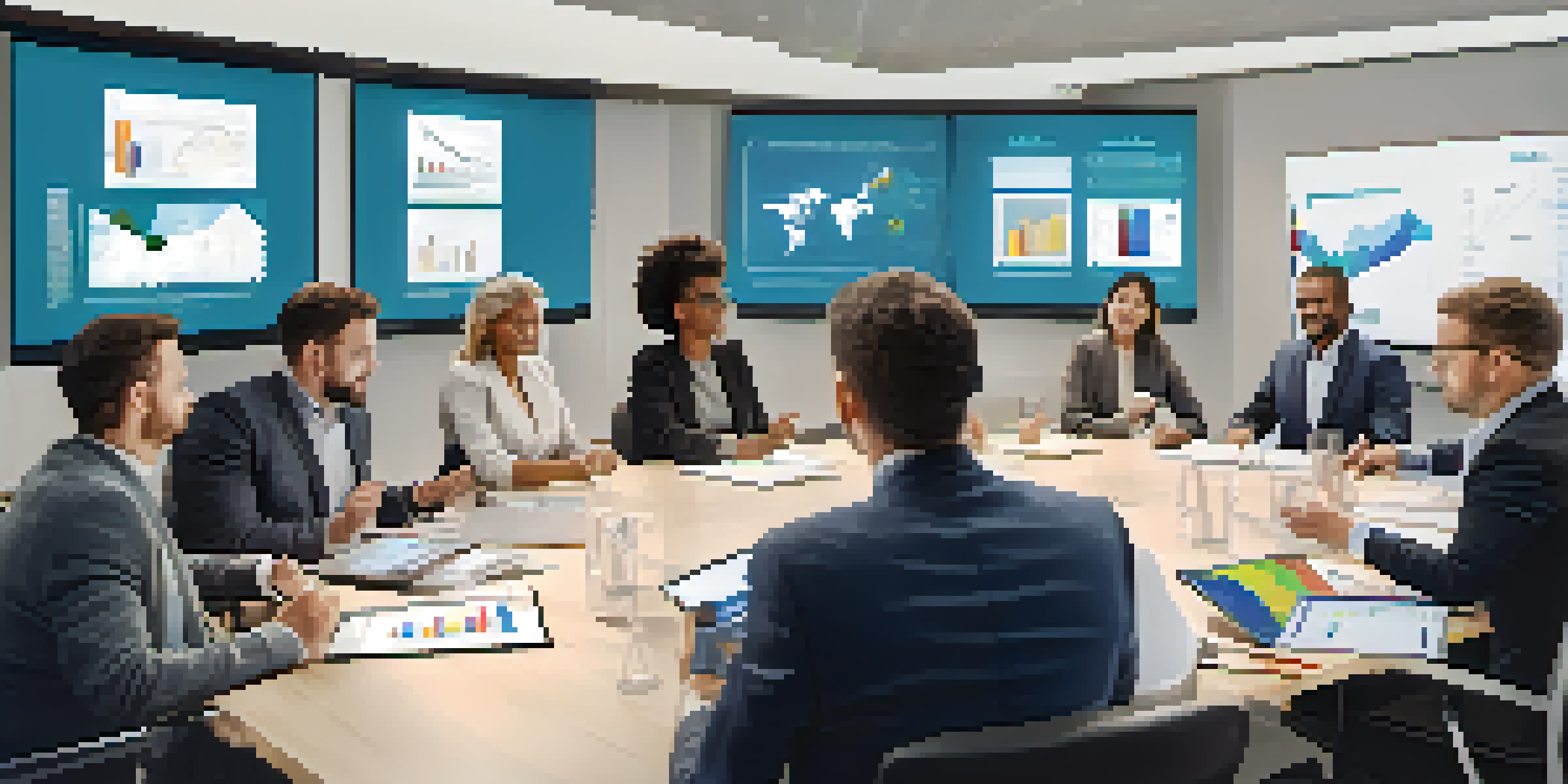 A diverse group of professionals in a bright conference room collaborating during a meeting, with charts on a digital screen.