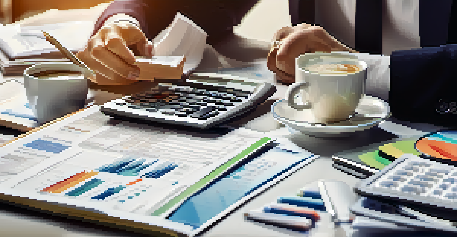 A financial planner's hands on a laptop with tax documents and a calculator, surrounded by graphs and charts, coffee cup, and a plant.