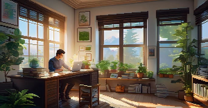 A young entrepreneur in a cozy home office, with plants and financial books on the desk, working on a laptop with financial graphs, illuminated by soft sunlight.