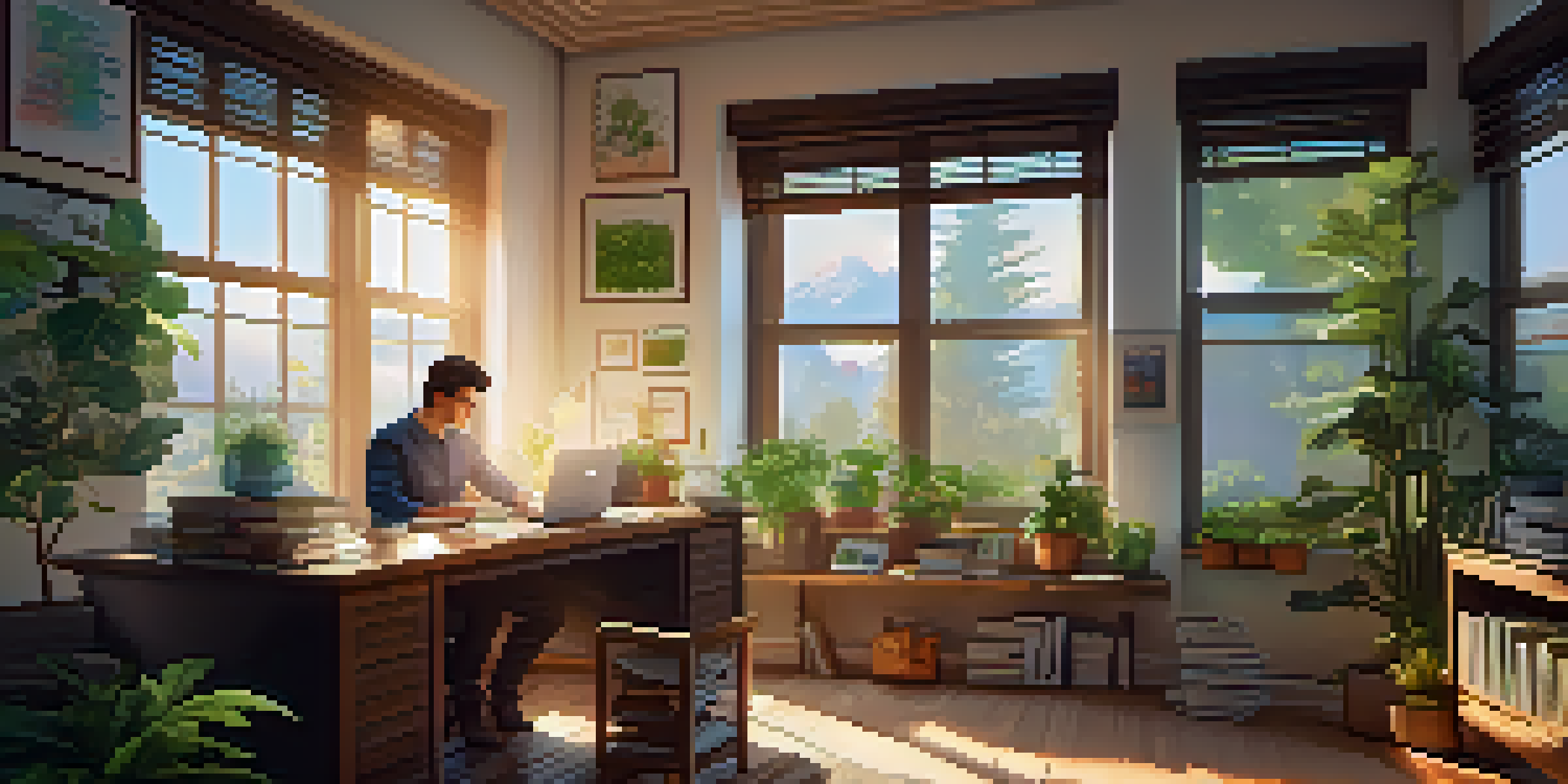 A young entrepreneur in a cozy home office, with plants and financial books on the desk, working on a laptop with financial graphs, illuminated by soft sunlight.