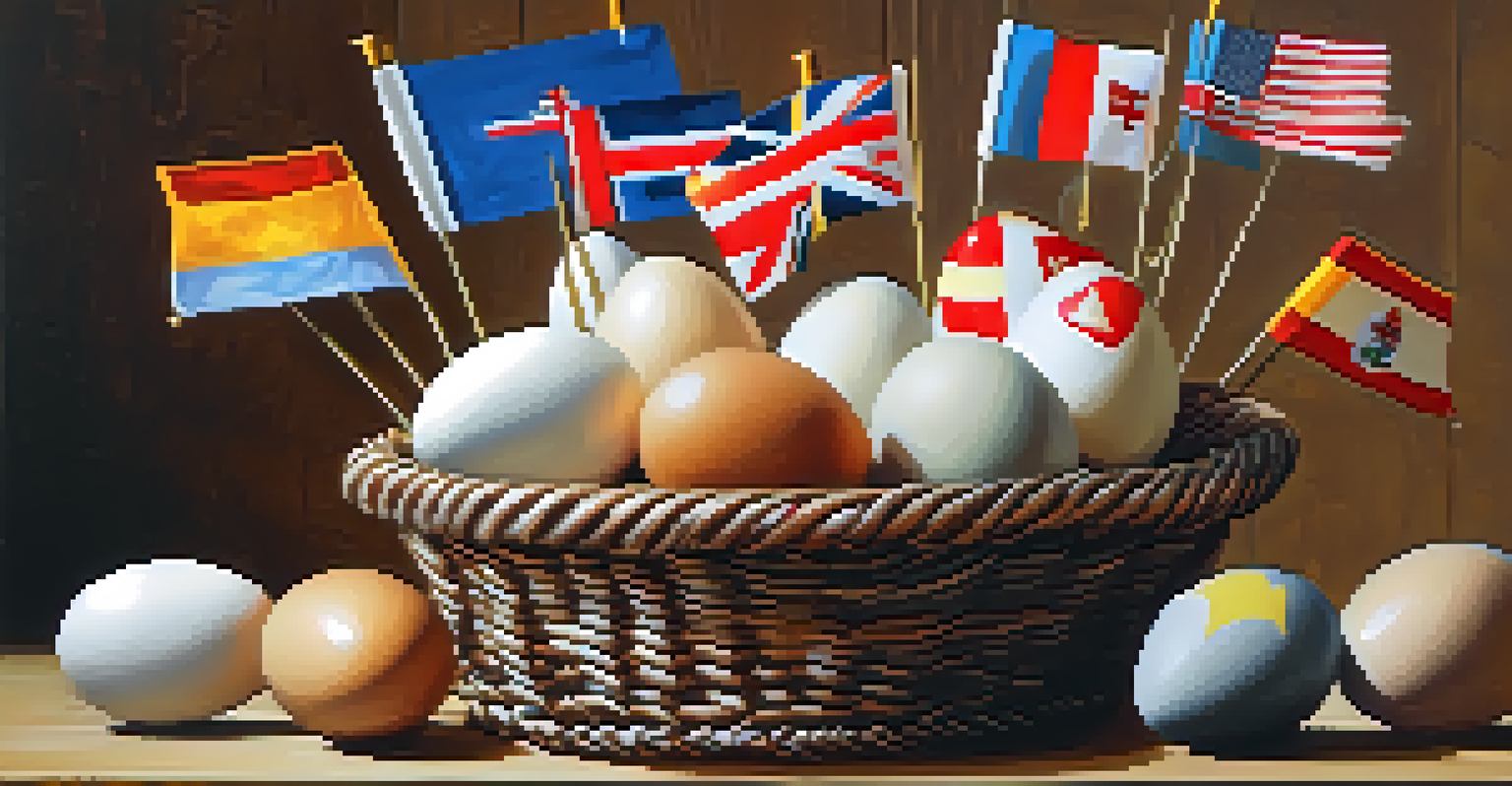 A basket filled with decorated eggs featuring flags from different countries, symbolizing diversification in investments.
