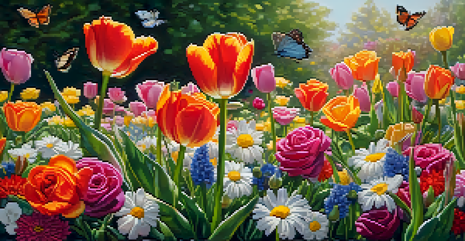 A close-up of a vibrant flower garden with various colorful flowers and a butterfly.