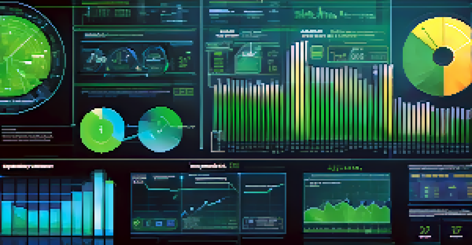 An abstract digital dashboard displaying financial data and risk indicators in blue and green colors.