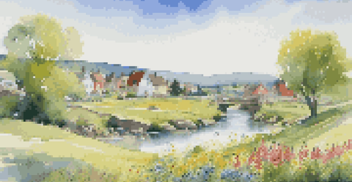 A peaceful small town with colorful houses and a green field filled with wildflowers, alongside a bright blue sky and a gentle stream.