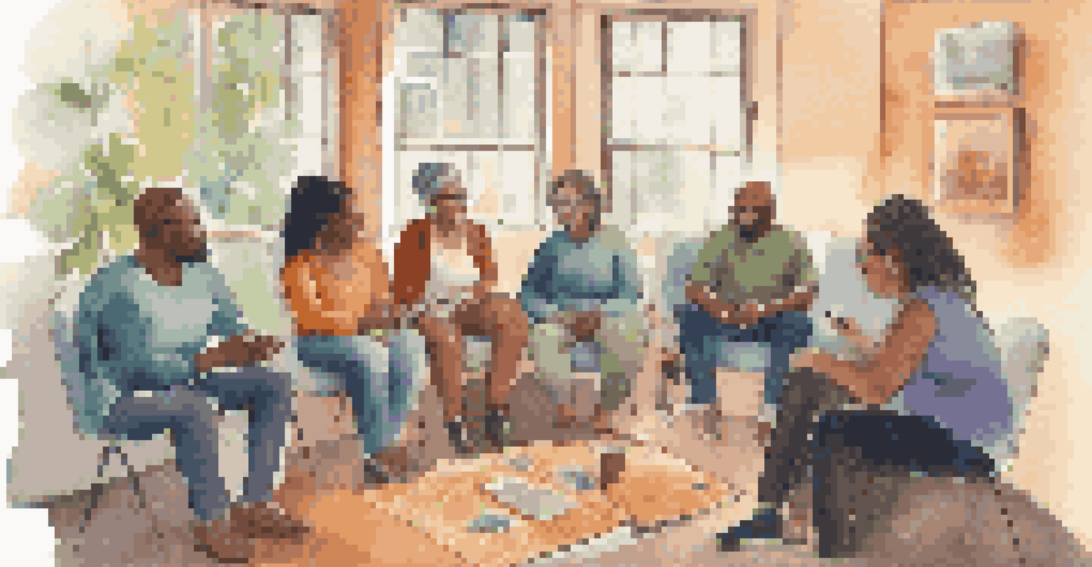 A diverse group of people sitting in a circle, sharing experiences in a financial literacy support group in a cozy space.
