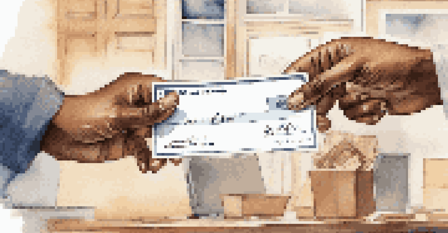 Close-up of diverse hands exchanging a donation check in a bright office setting.