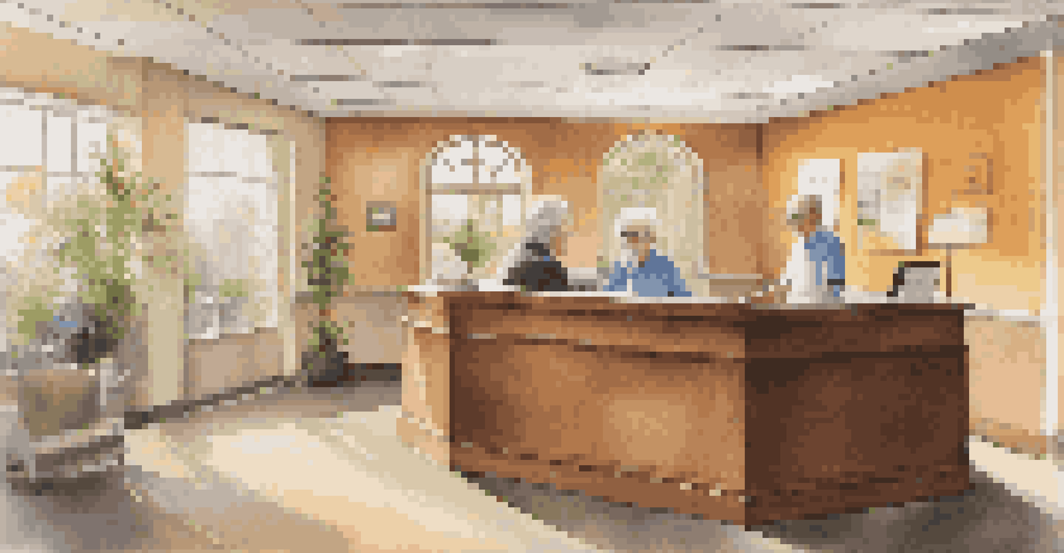 A healthcare office reception area with a friendly receptionist assisting a retired couple, featuring warm colors and comfortable seating.