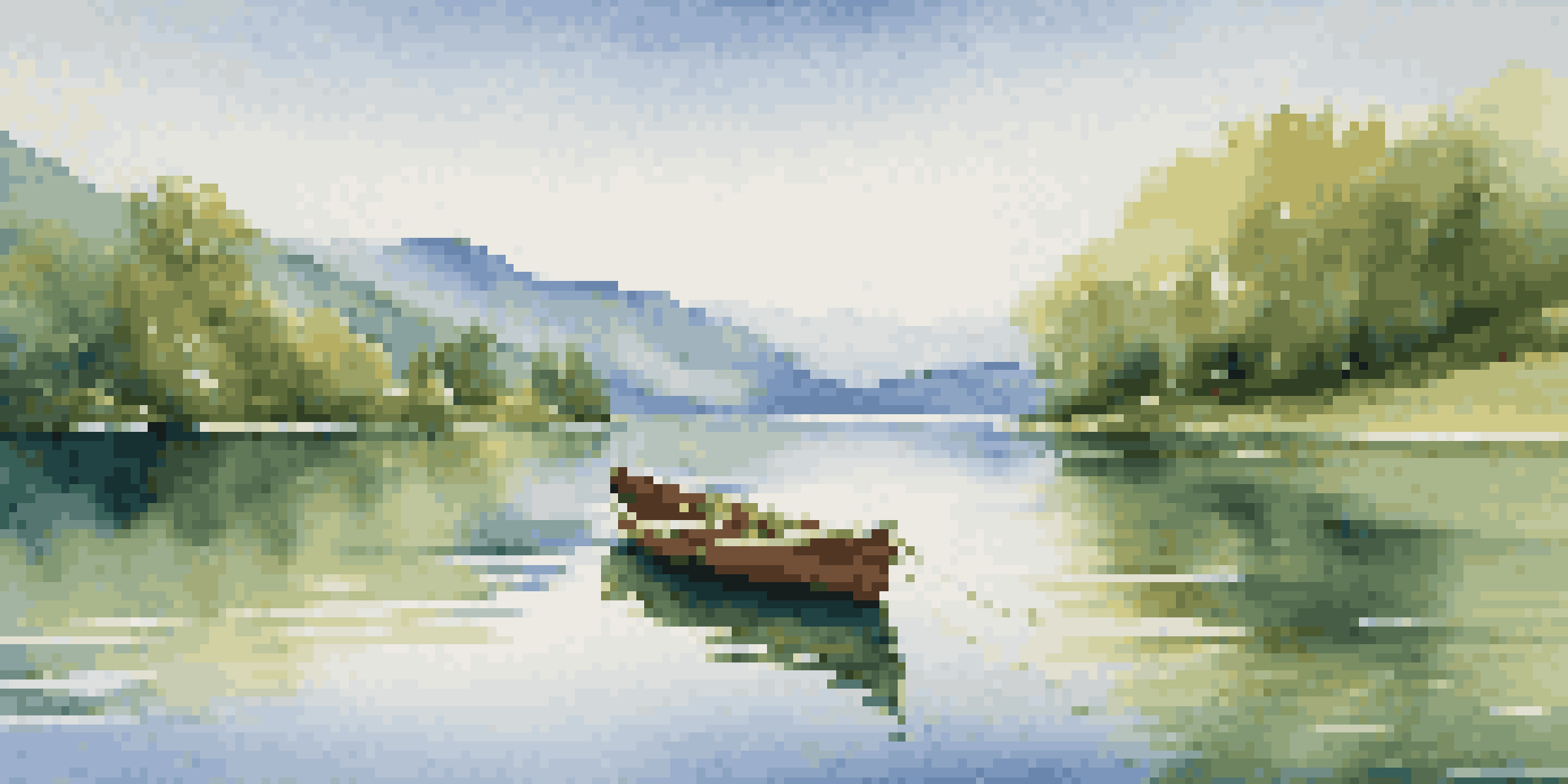 A peaceful lake surrounded by green mountains and a clear blue sky, with a wooden boat floating on the water.