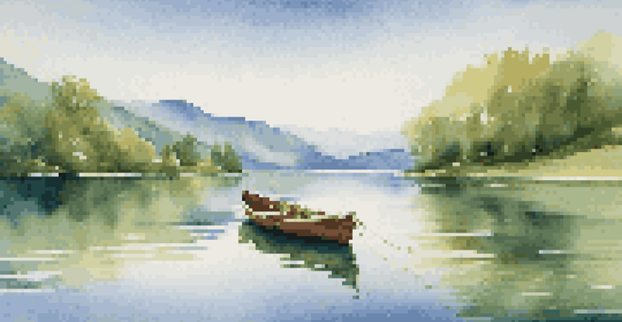 A peaceful lake surrounded by green mountains and a clear blue sky, with a wooden boat floating on the water.