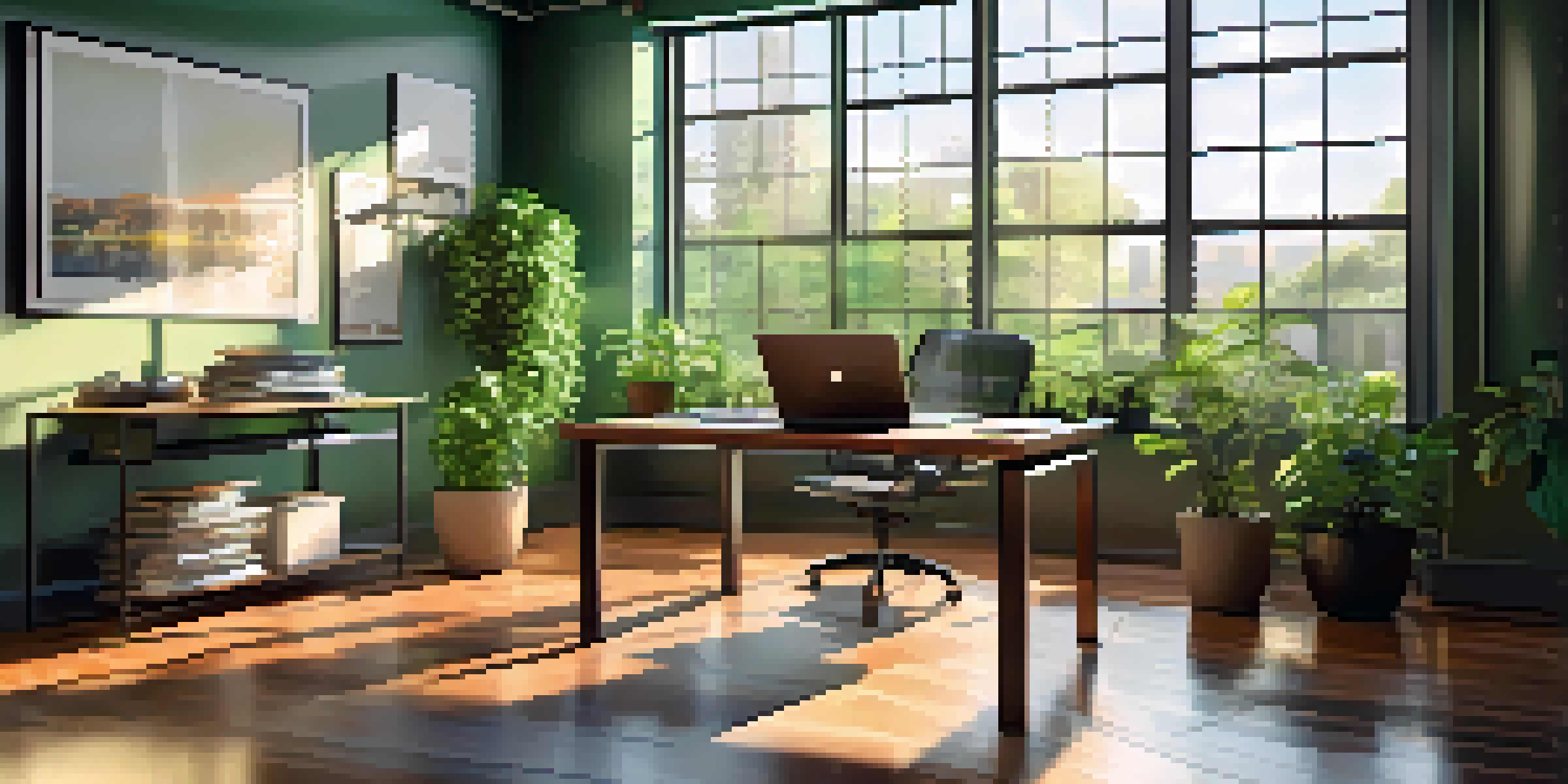 An office space with a glass desk, laptop, financial report, and plants, illuminated by sunlight from large windows.
