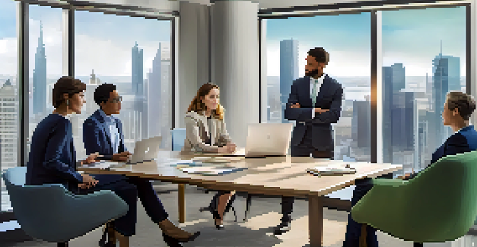 A diverse group of financial advisors discussing financial strategies with a couple in a bright office with a city view.