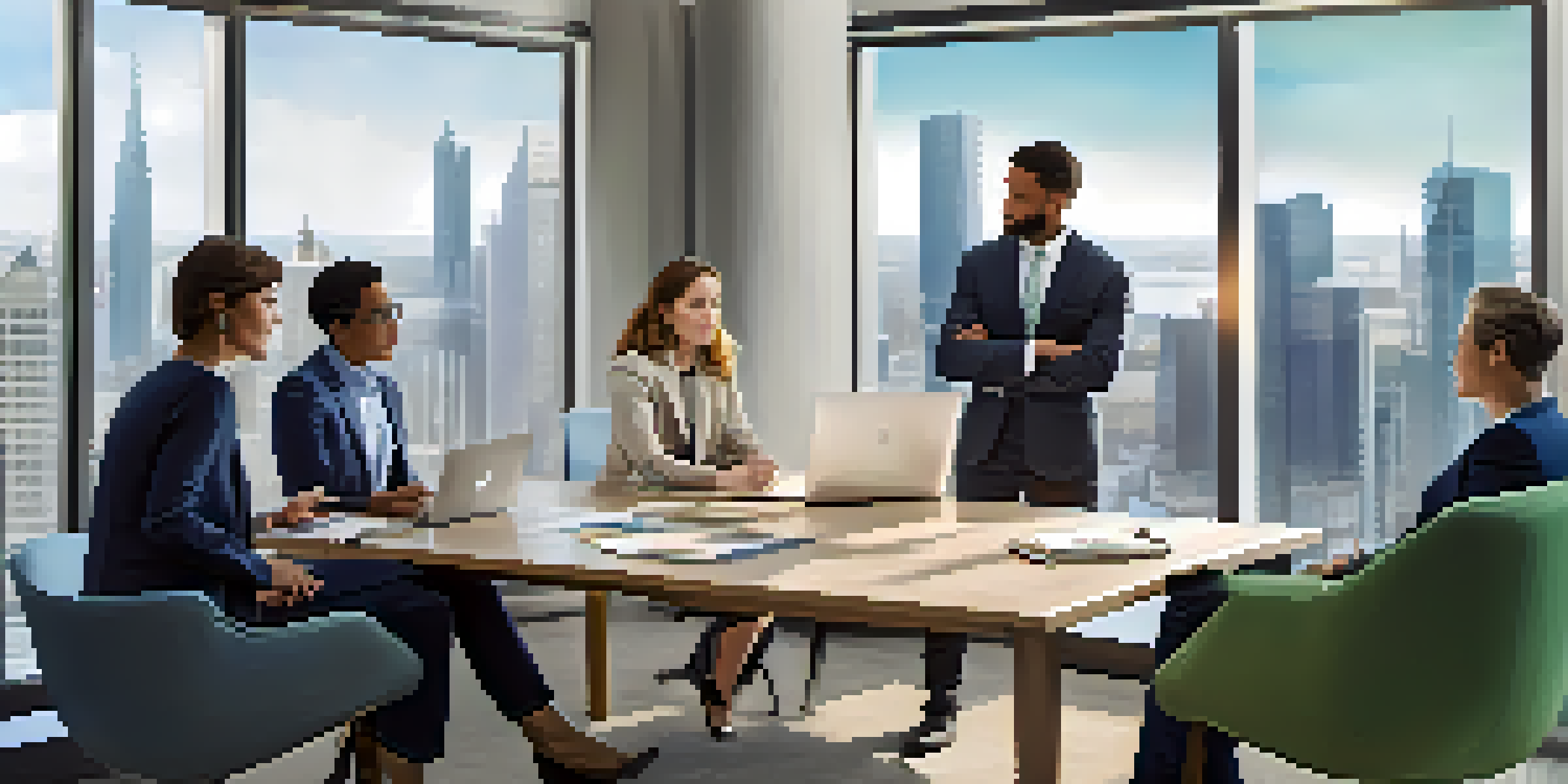 A diverse group of financial advisors discussing financial strategies with a couple in a bright office with a city view.