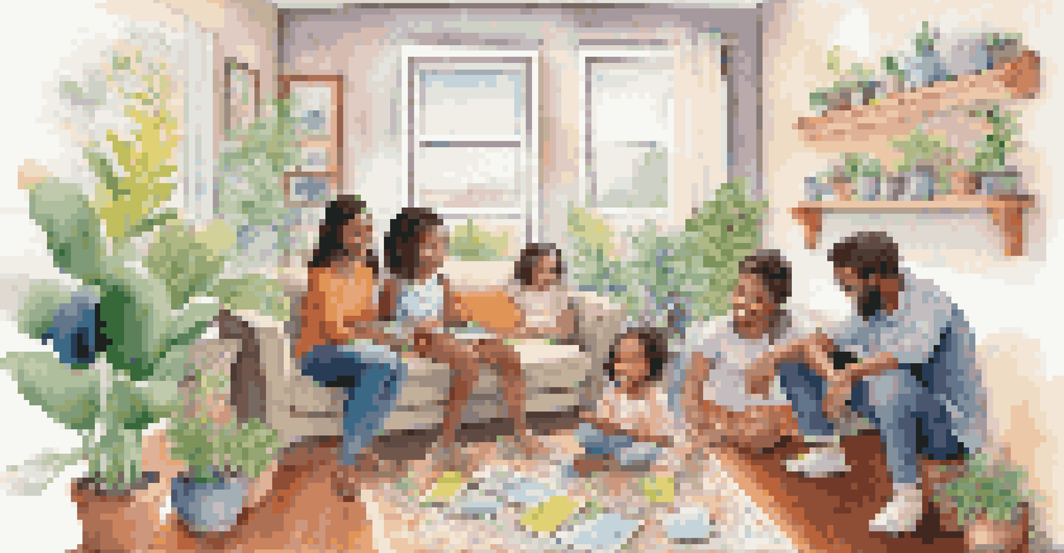 A low-income family in a bright living room, setting financial goals together with children drawing on a whiteboard, surrounded by potted plants and family photos.