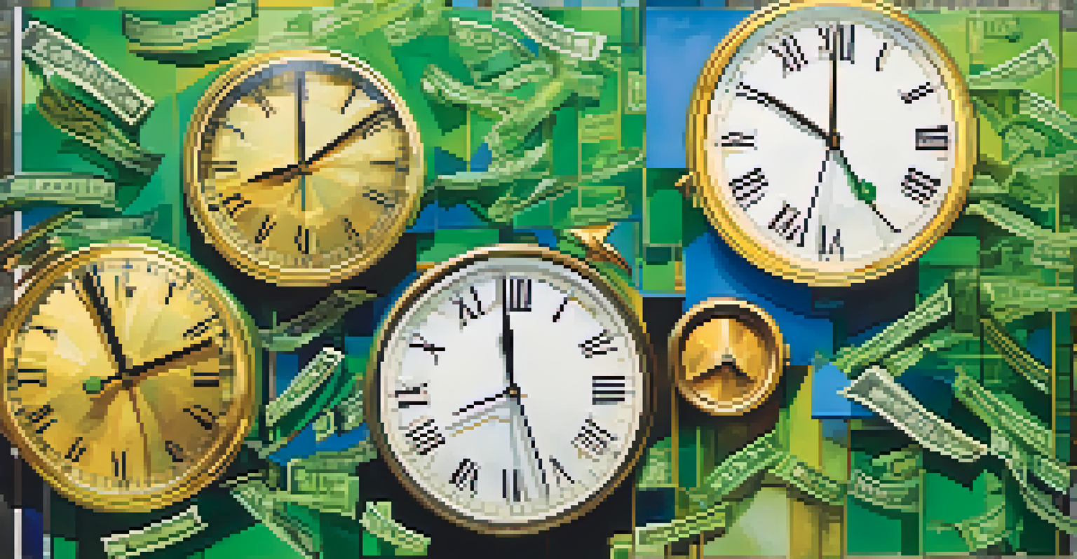 An abstract image depicting stock options with graphs, dollar signs, and a clock, using vibrant colors to symbolize financial growth.