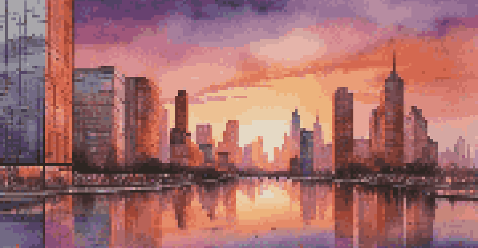 A vibrant city skyline at sunset with colorful skies and reflections in skyscraper windows, featuring people walking in the foreground.