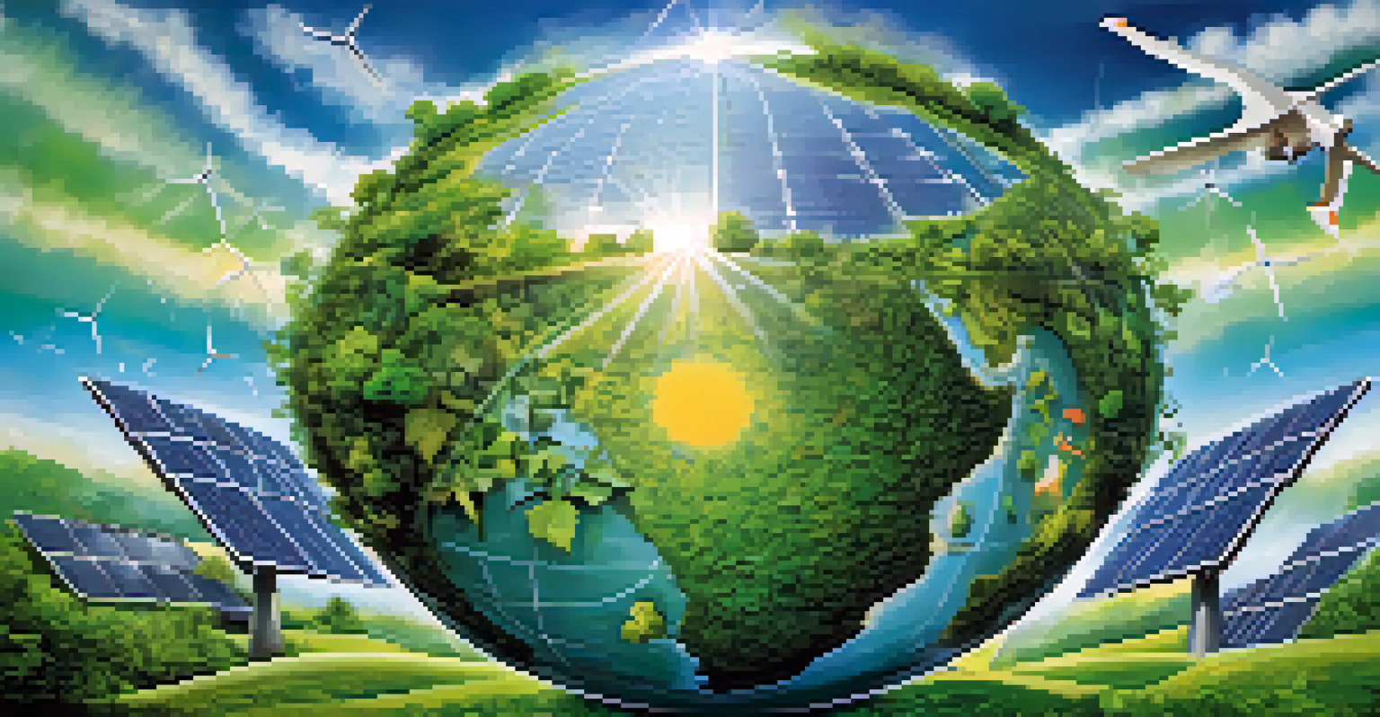 A globe surrounded by symbols of renewable energy like wind turbines and solar panels.