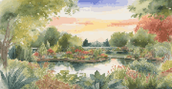 A vibrant garden representing a diversified financial portfolio with various plants under a sunset.