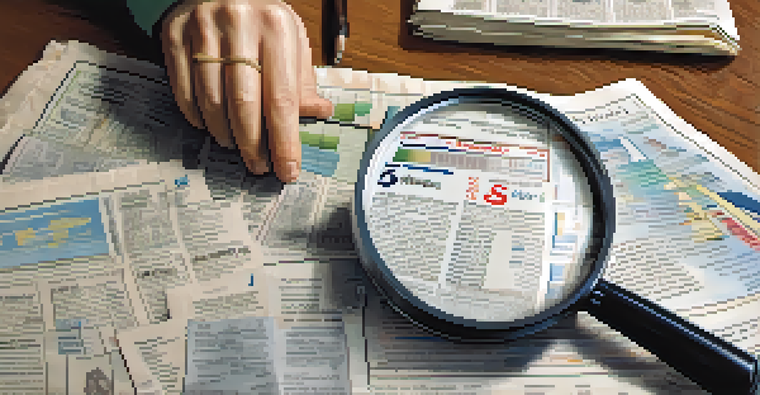 A close-up of a hand using a magnifying glass on a financial graph, surrounded by newspapers and a calculator.