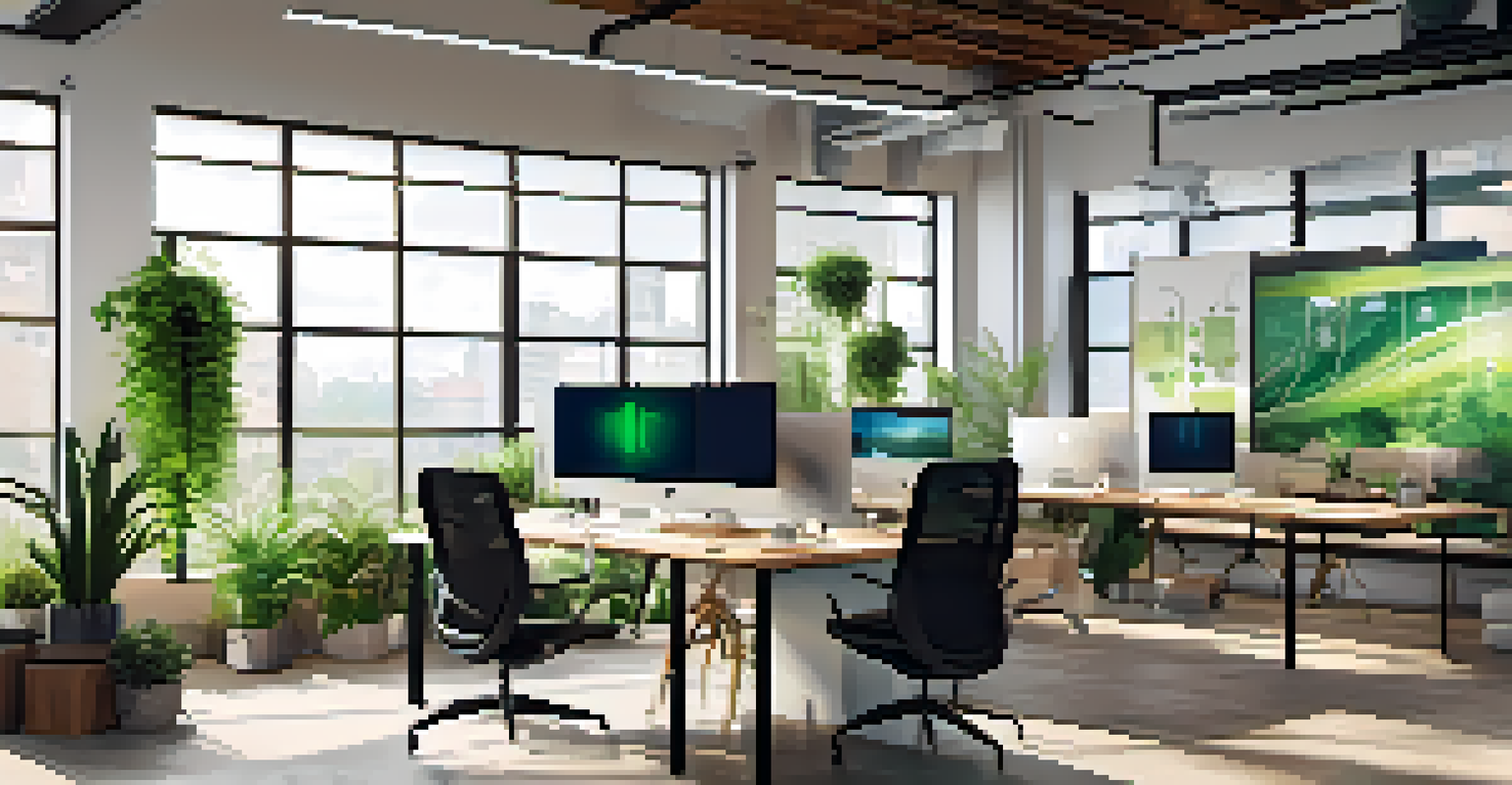 A modern startup workspace with an energy management dashboard, featuring professionals collaborating over a laptop.