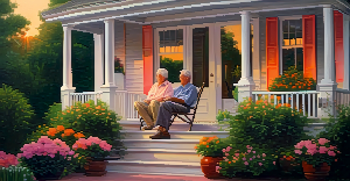 A couple enjoying a sunset on a porch surrounded by a lush garden, conveying a sense of peace and relaxation in retirement.