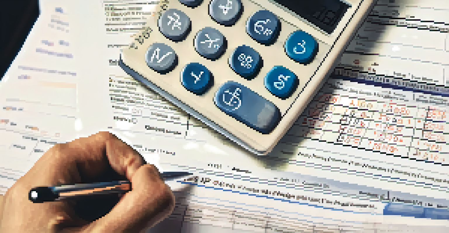 A close-up of a person writing on a tax checklist with financial documents and a calculator in the background.