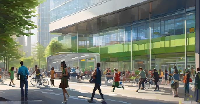 A modern public transit station filled with people, featuring glass architecture and a green park outside.