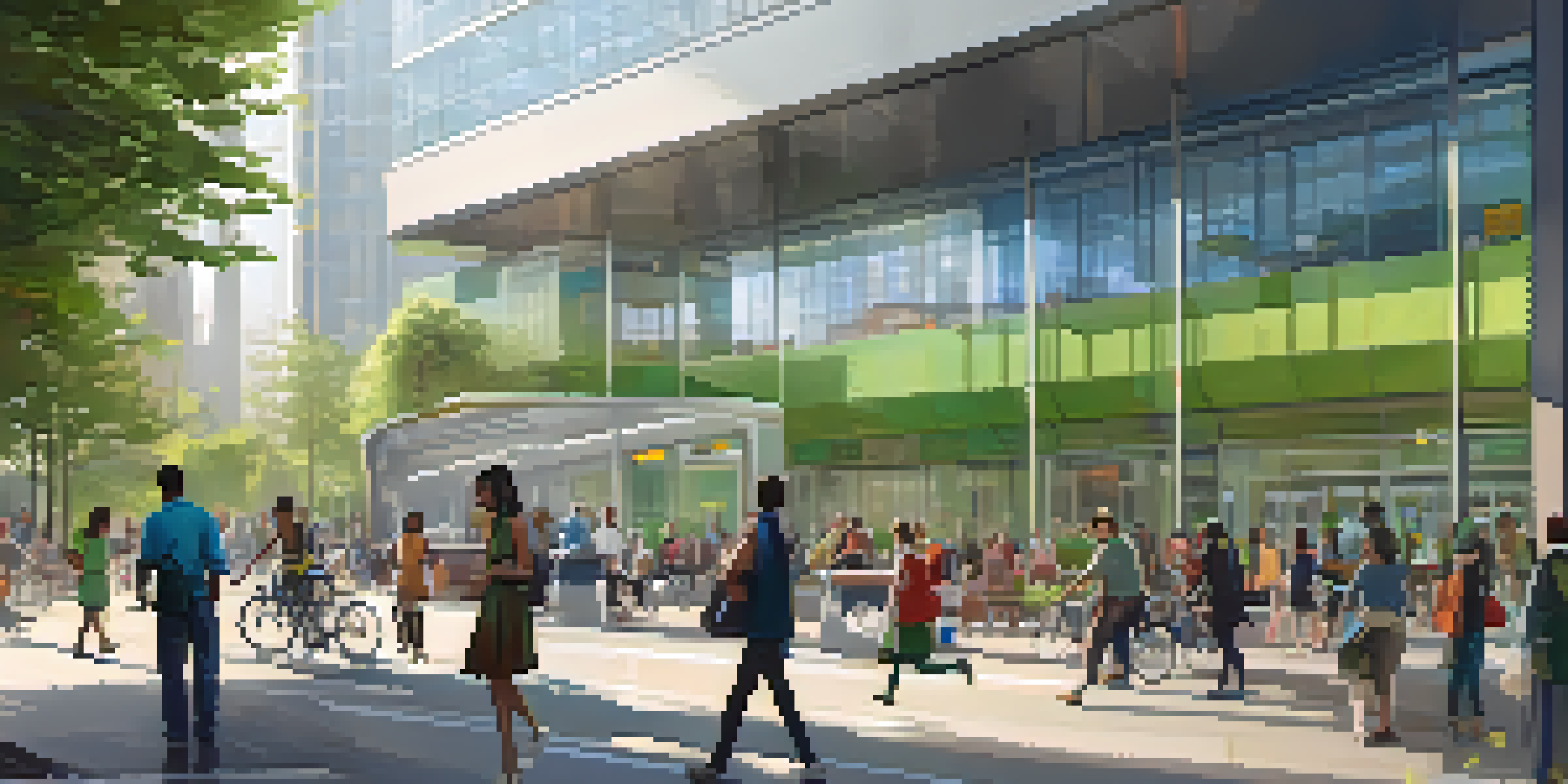 A modern public transit station filled with people, featuring glass architecture and a green park outside.
