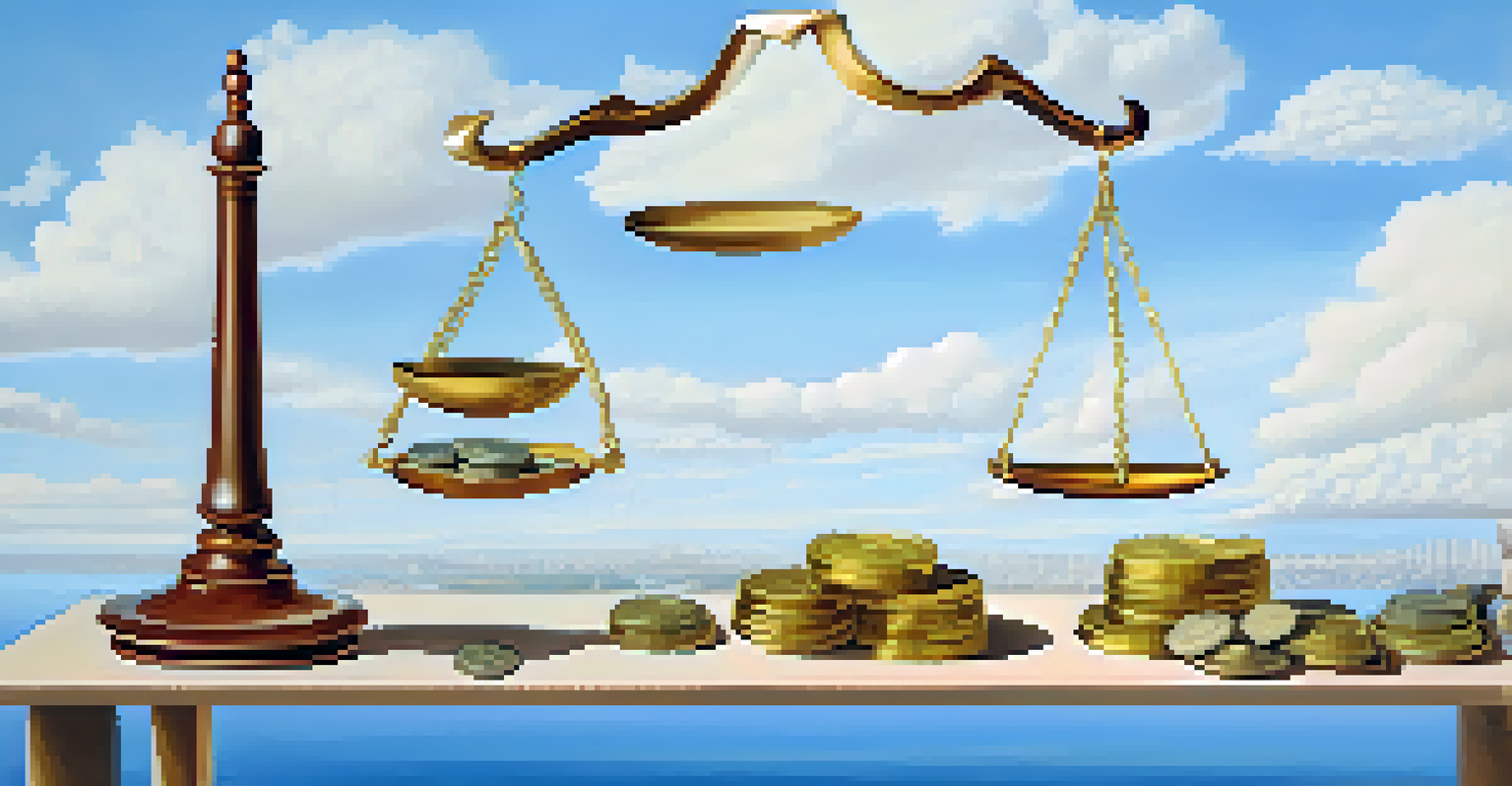 A balanced scale showing stocks, bonds, real estate, and gold coins against a blue sky background.