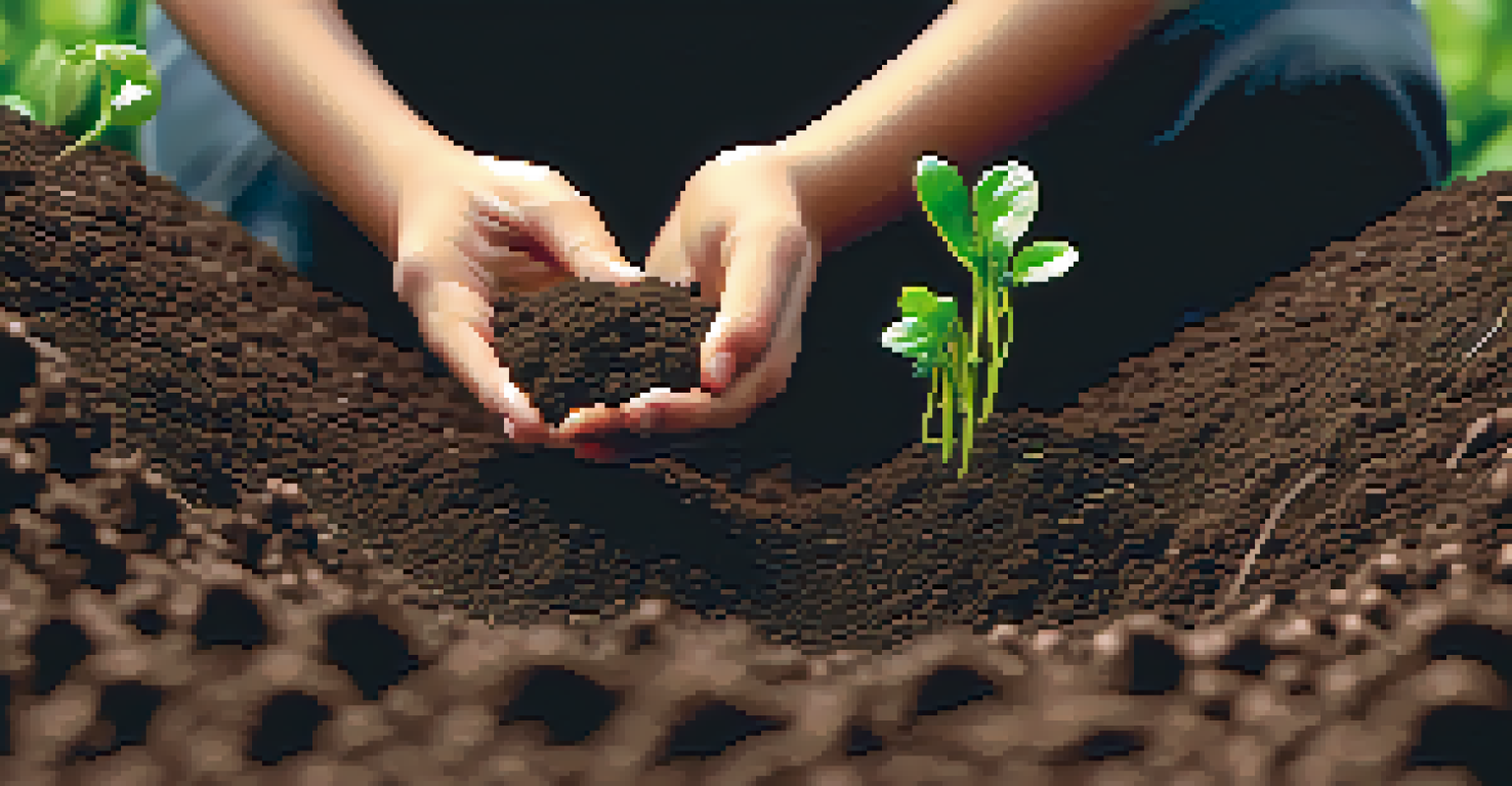 Hands planting seeds in dark soil with green sprouts emerging, representing growth.