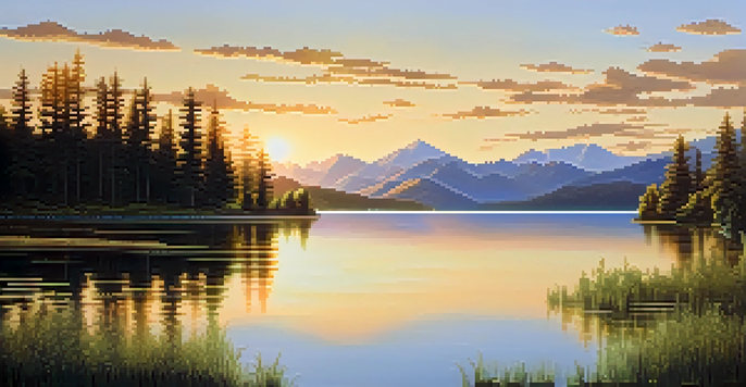 A peaceful lake landscape with green trees and mountains, illuminated by a golden sunset.