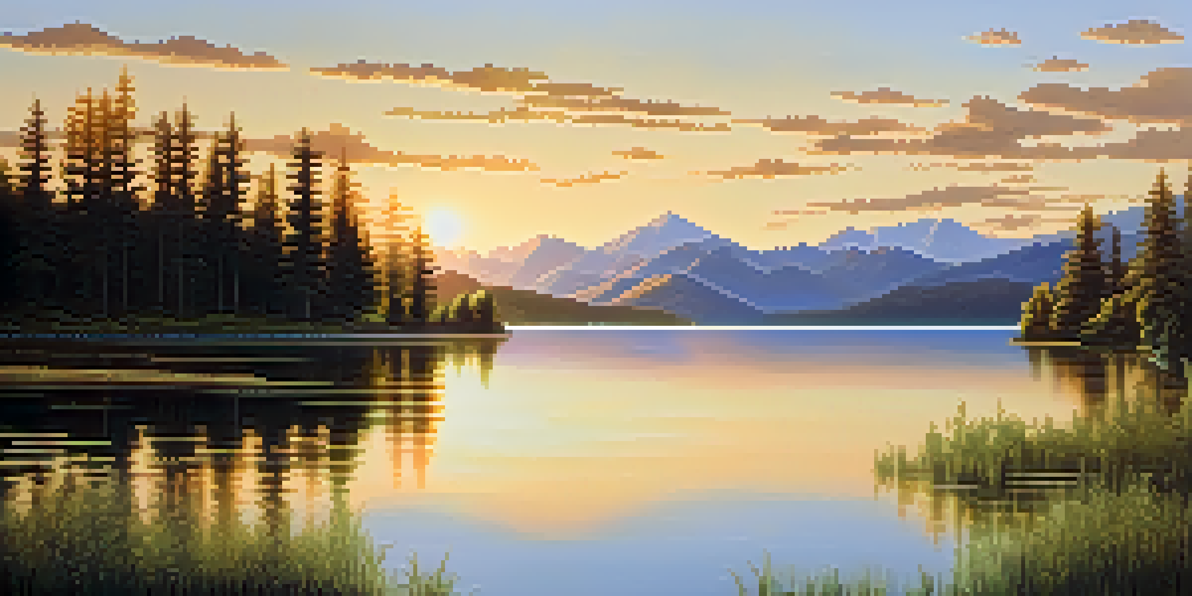 A peaceful lake landscape with green trees and mountains, illuminated by a golden sunset.
