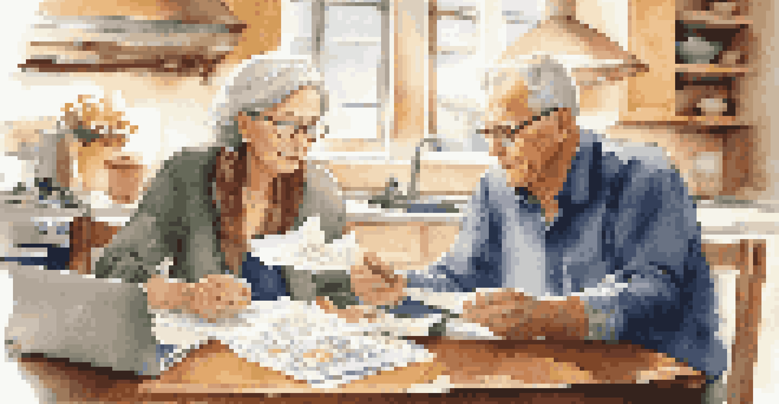 An older couple discussing their financial plan at a kitchen table, surrounded by documents and a calculator.