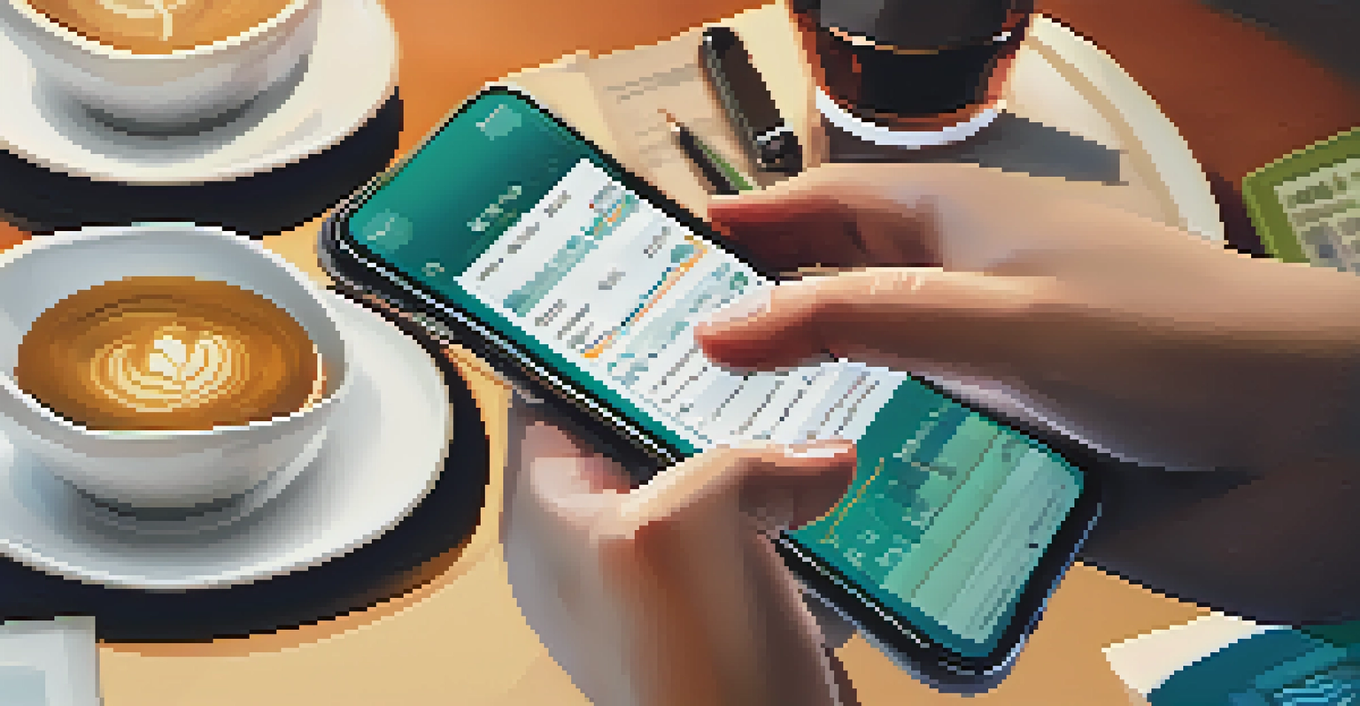 A hand setting a stop-loss order on a smartphone with a trading app, surrounded by financial books and a coffee cup.