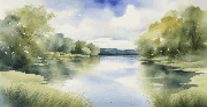 A tranquil lake surrounded by green trees and a blue sky with clouds, reflecting nature's calmness.