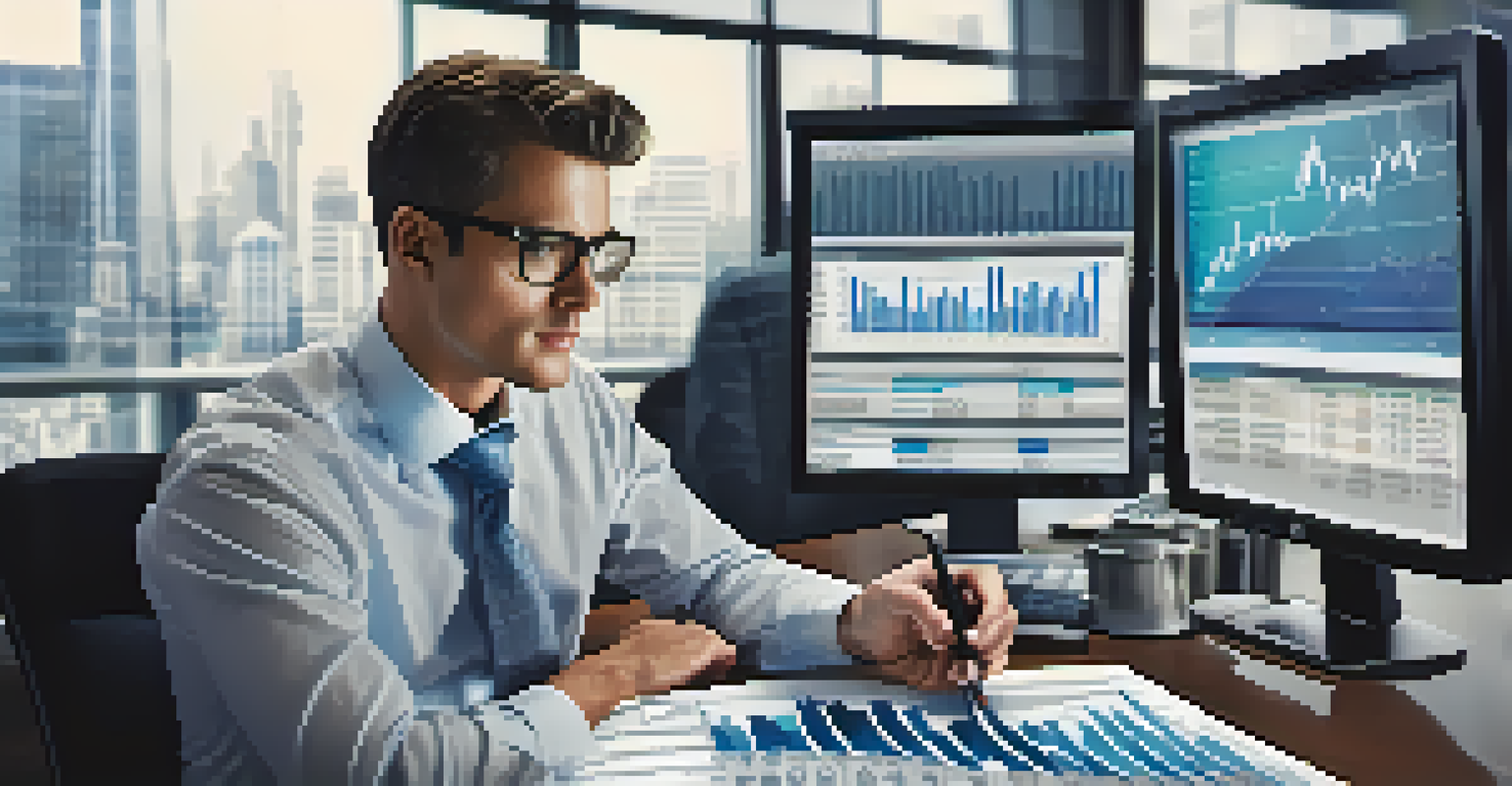 A financial analyst reviewing data on a tablet in an office setting with stock market graphs in the background.