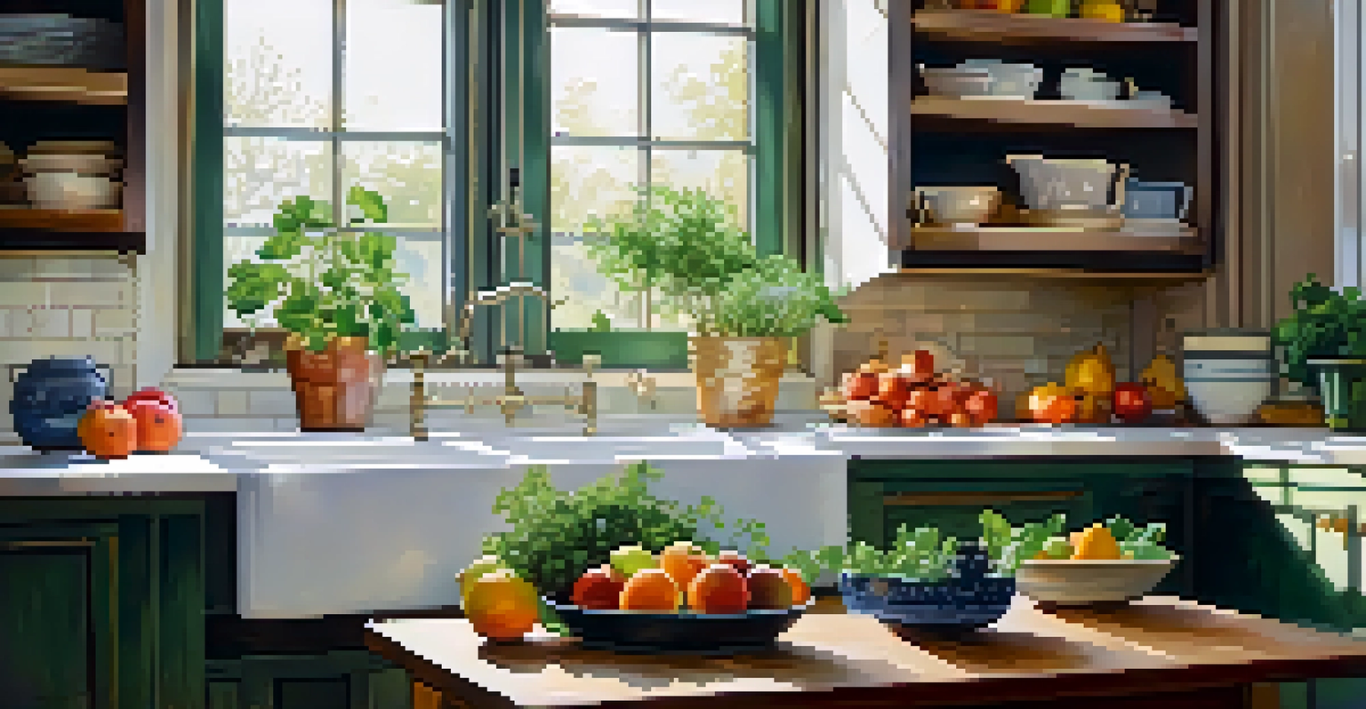 A bright kitchen with wooden cabinets, marble countertop, fresh herbs, and a bowl of colorful fruits.