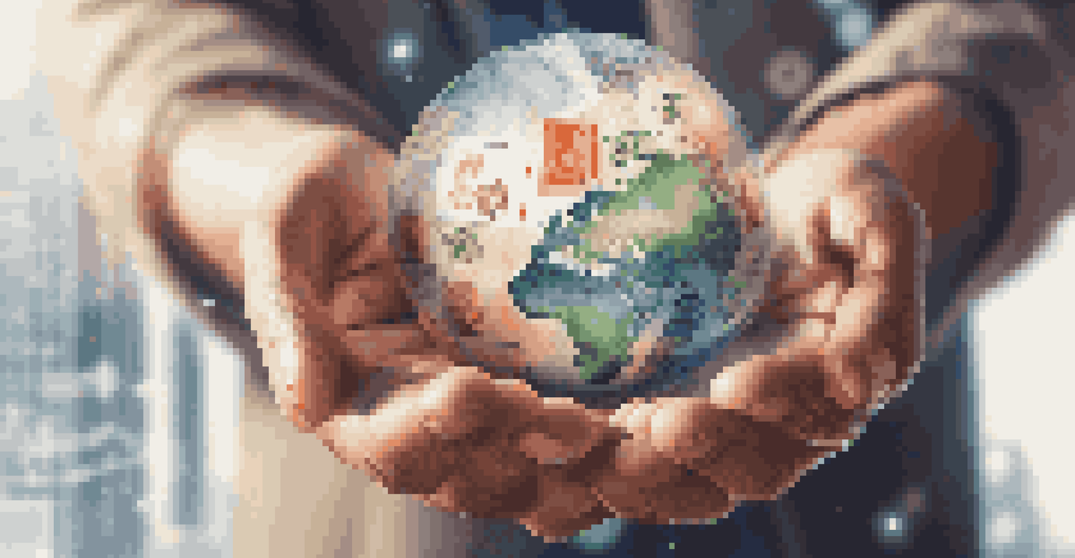 A close-up of a hand holding a globe surrounded by financial symbols, with a blurred background that highlights the globe.