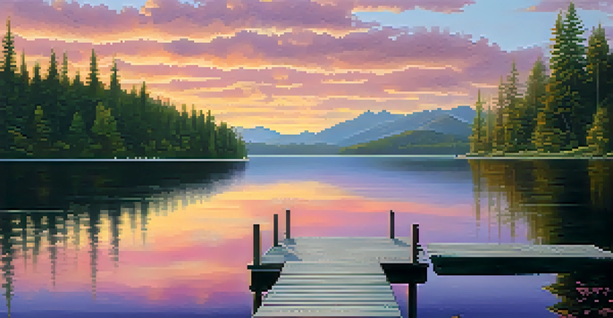 A peaceful lake at sunset with colorful skies, surrounded by forests and mountains, featuring a wooden dock.