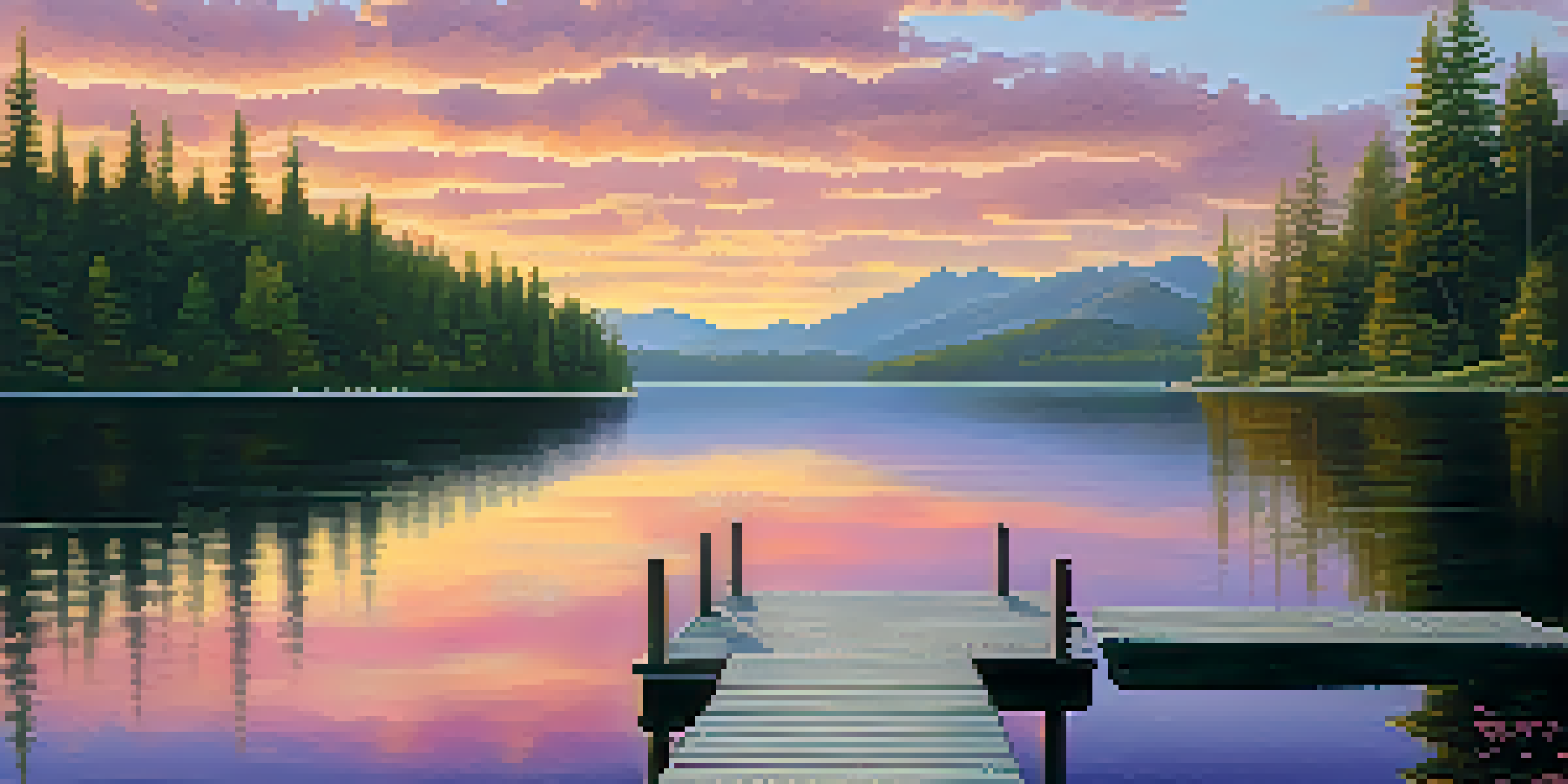 A peaceful lake at sunset with colorful skies, surrounded by forests and mountains, featuring a wooden dock.
